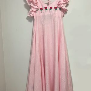 Fanm Mon Pink Linen Embroidered Maxi Dress